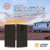 Lumera 220W bifacial solar panel made in Vancouver, Canada — ideal for RVs and off-grid use, with up to 30% extra energy via backside power gain